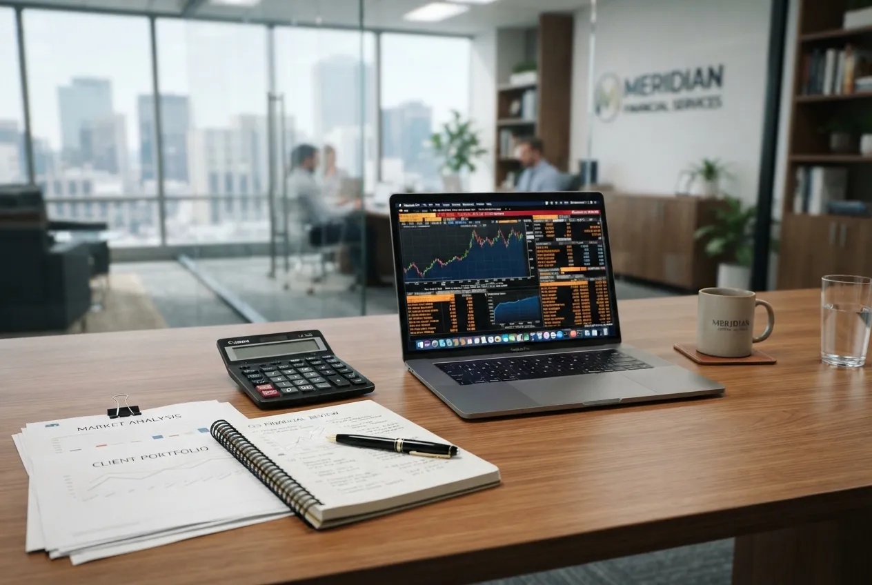 A laptop showing financial charts on a desk with a calculator and notebook.