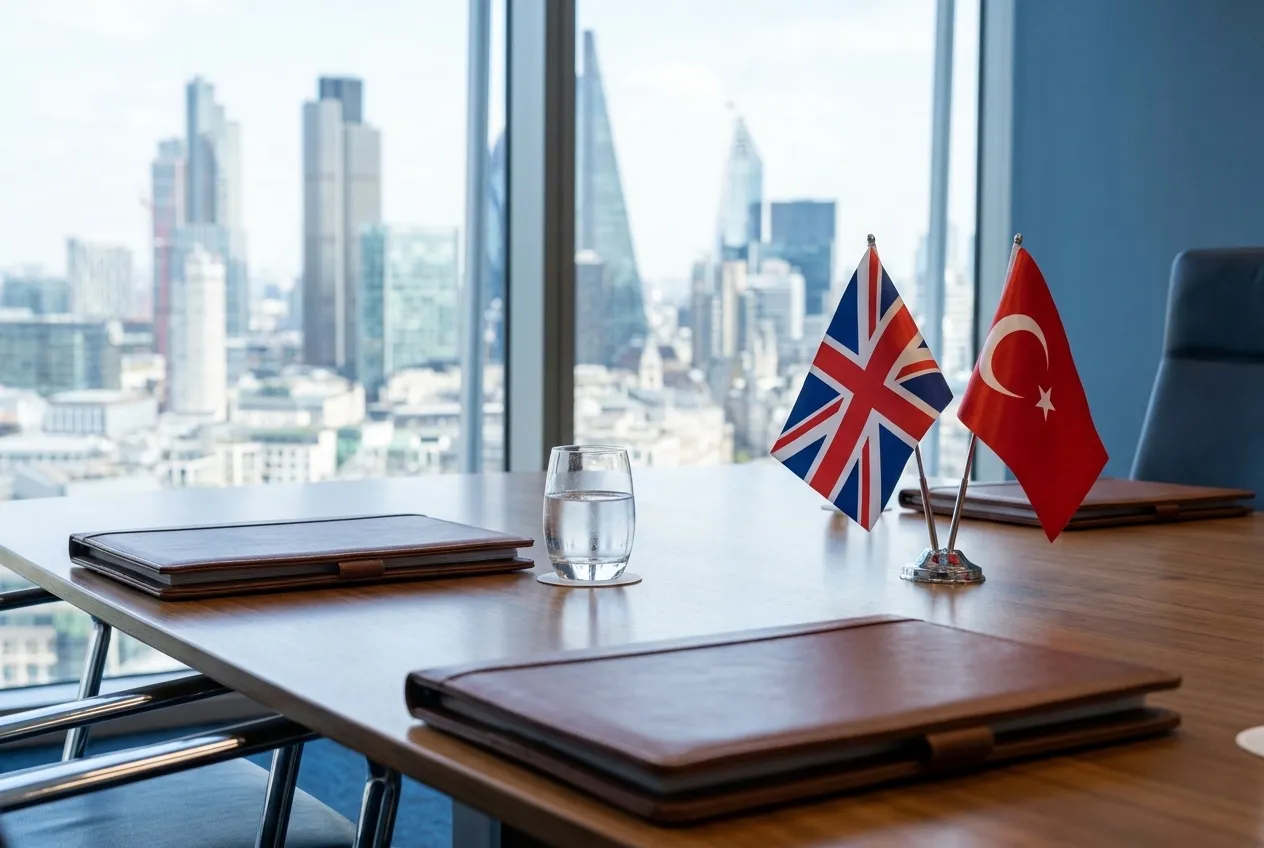 A boardroom table set for a meeting, with UK and Türkiye desk flags.